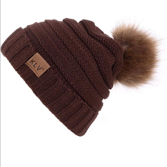 Unisex Cable Knit Slouchy Beanie Pom Pom Cap Brown